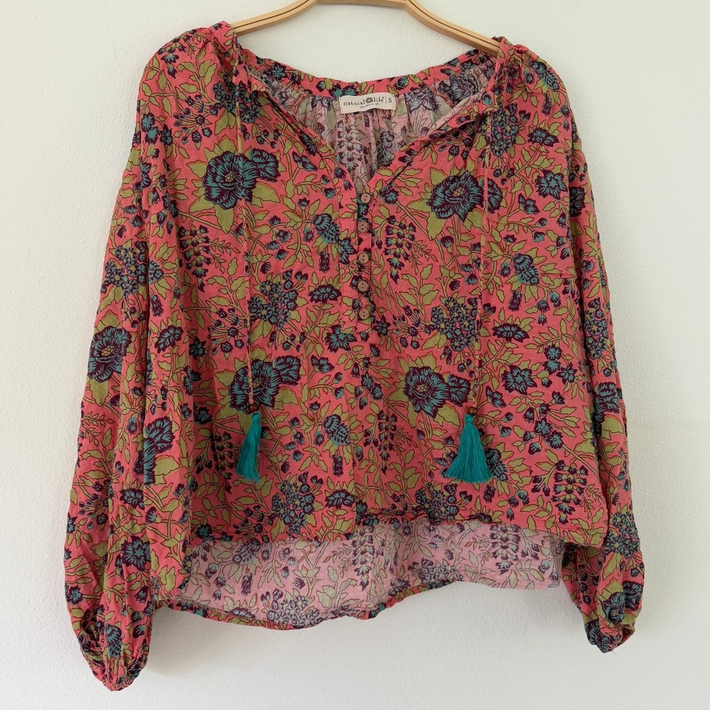 Natural Life Women Cotton Rayon Pink Floral Tassel Boho Henley Blouse Small